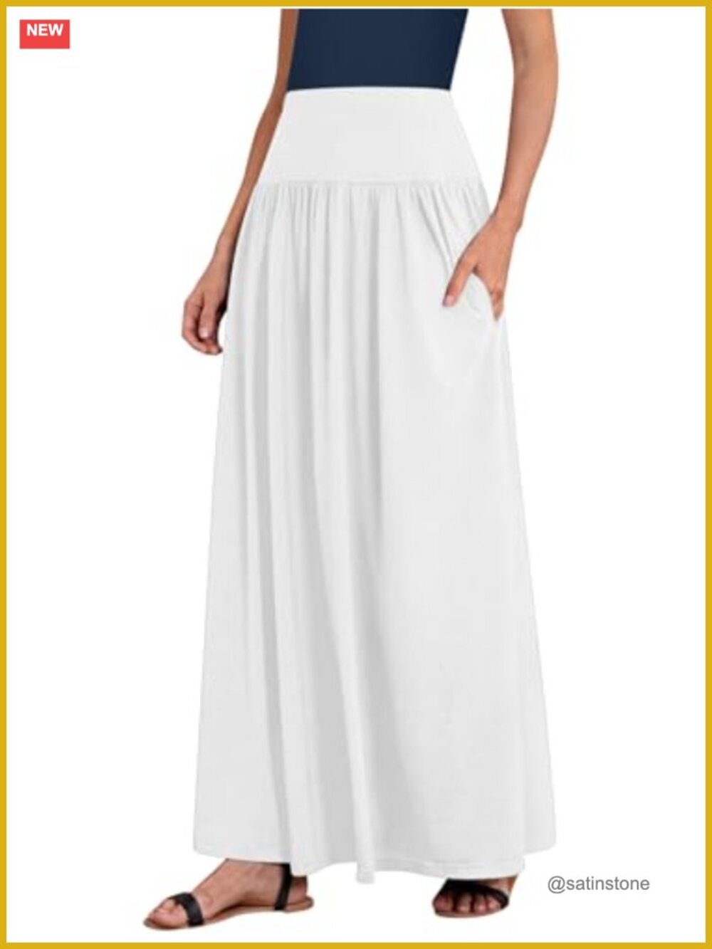 Women's Maxi Skirt with Pockets Elastic Waist Casual Long Nylon Spandex Made in